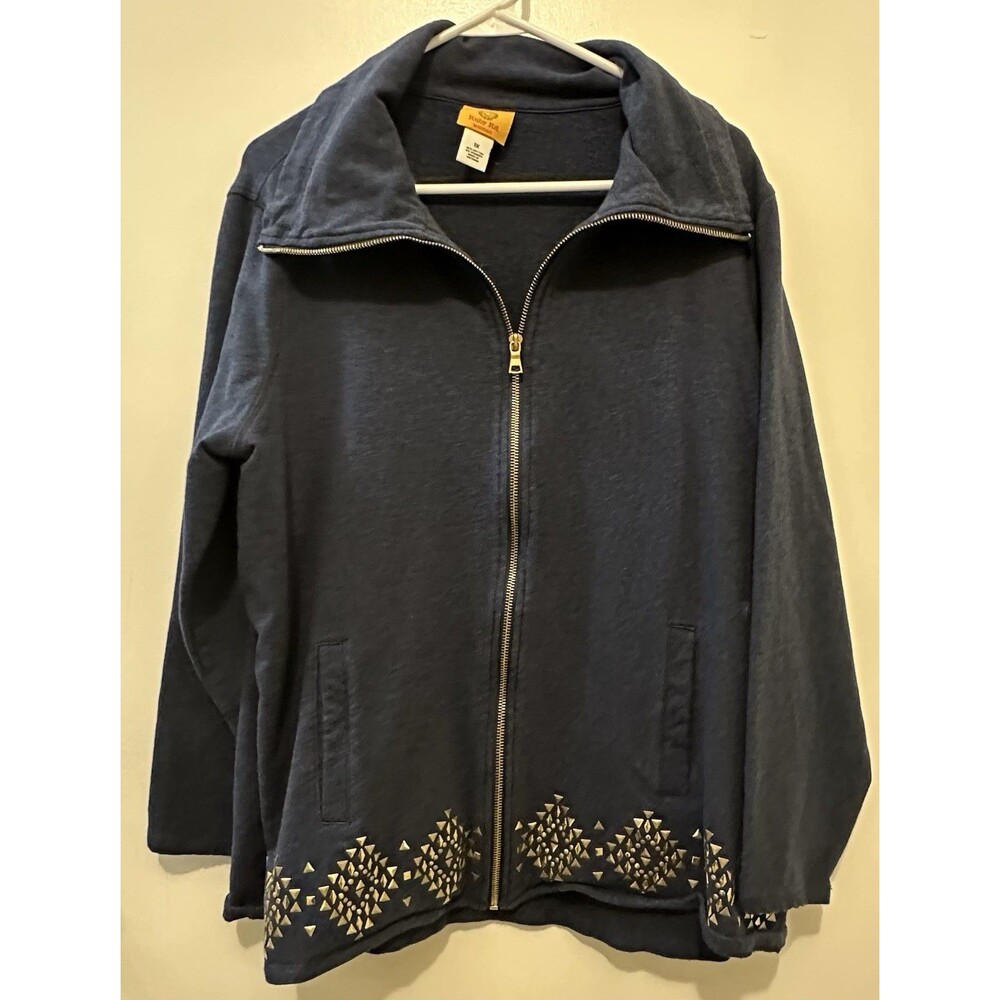 Ruby Rd. Dark Blue Full Zip-up Gold Embellished Sweatshirt Jacket Size XL